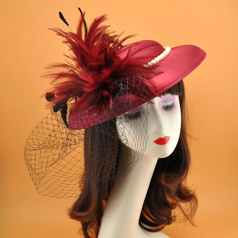 

Women Elegant Fascinator Hat with Veil, Feather Phillbox Hat with Pearls，Cocktail Tea Party Ascot Derby Hat for Ladies