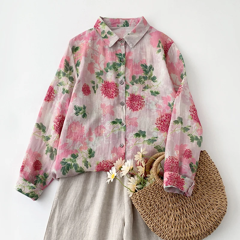 

Новинка 2026: Стильные ретро-рубашки из хлопка и льна с принтом для женщин, свободные повседневные блузки с длинным рукавом, топы в стиле бохо для уличной моды