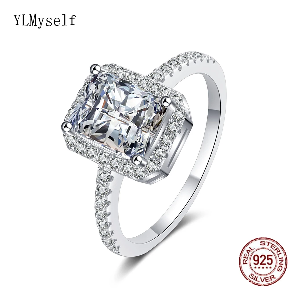 

Solid 925 Silver Ring Setting 6*8 mm 2 CT Square Sparkly Zircon, Real Shiny Rhodium Plating Engagement Fine Jewelry Bridal