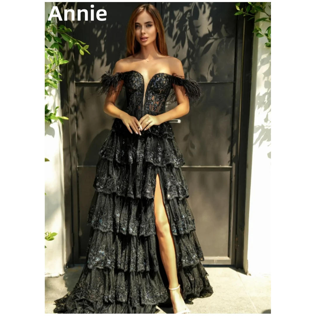 

Annie Black Prom Dress Luxury Embroidered Glitter Tulle Evening Dresses Ladies Wedding Formal Occasions Dresses Robes De Soirée