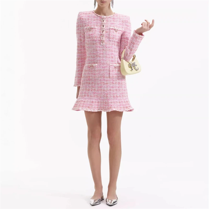 Spring new women\'s round neck pink plaid high quality y2k fashion commuter luxury beaded A-line commuter long-sleeved mini skirt