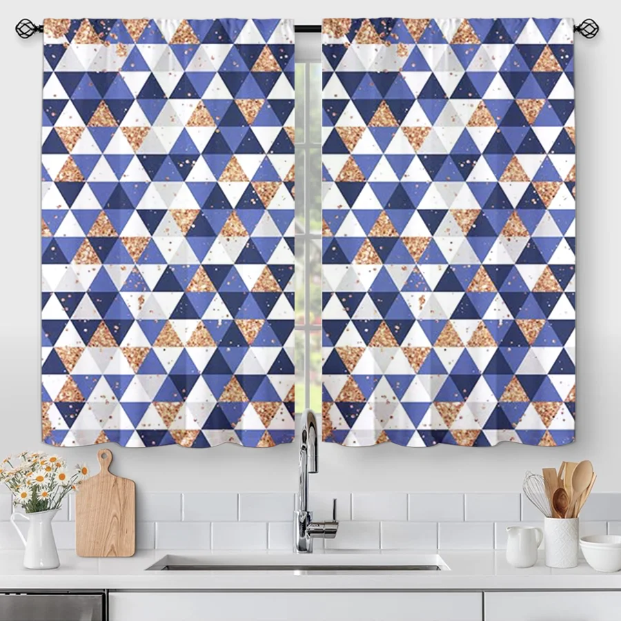 2PCS Digital Print Curtains, Navy Blue White Gold Triangle Mosaic Glitter, Modern Luxury for Living Room Bedroom Decor