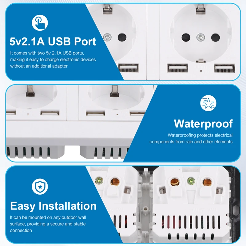 IP66 16A 250V Waterproof Outdoor Wall Power Socket Box  Electrical Double Outlet With 2USB  For Home Garden German-Style