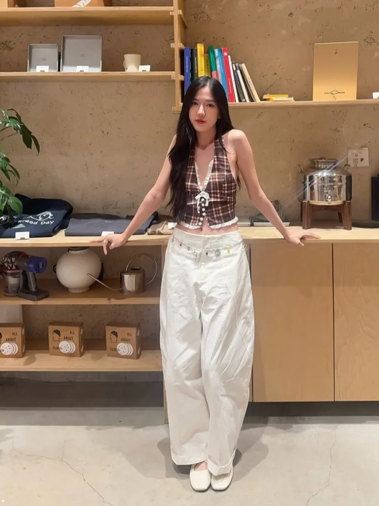 

Women Chic Plaid Lace Halter Vest Sexy Sleeveless V-neck Single Breasted Cropped Vests 2026 Lady Vacation Street Top Wear New