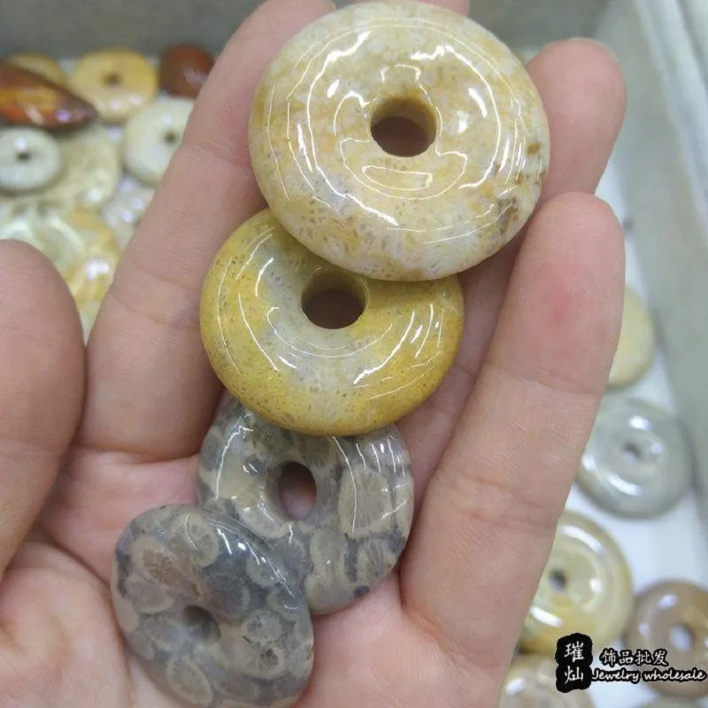 Ammonites Chrysanthemum Stone 35-40mm Donut Beads Natural Gemstone Diy Loose Bead For Jewelry Making 1 Piece