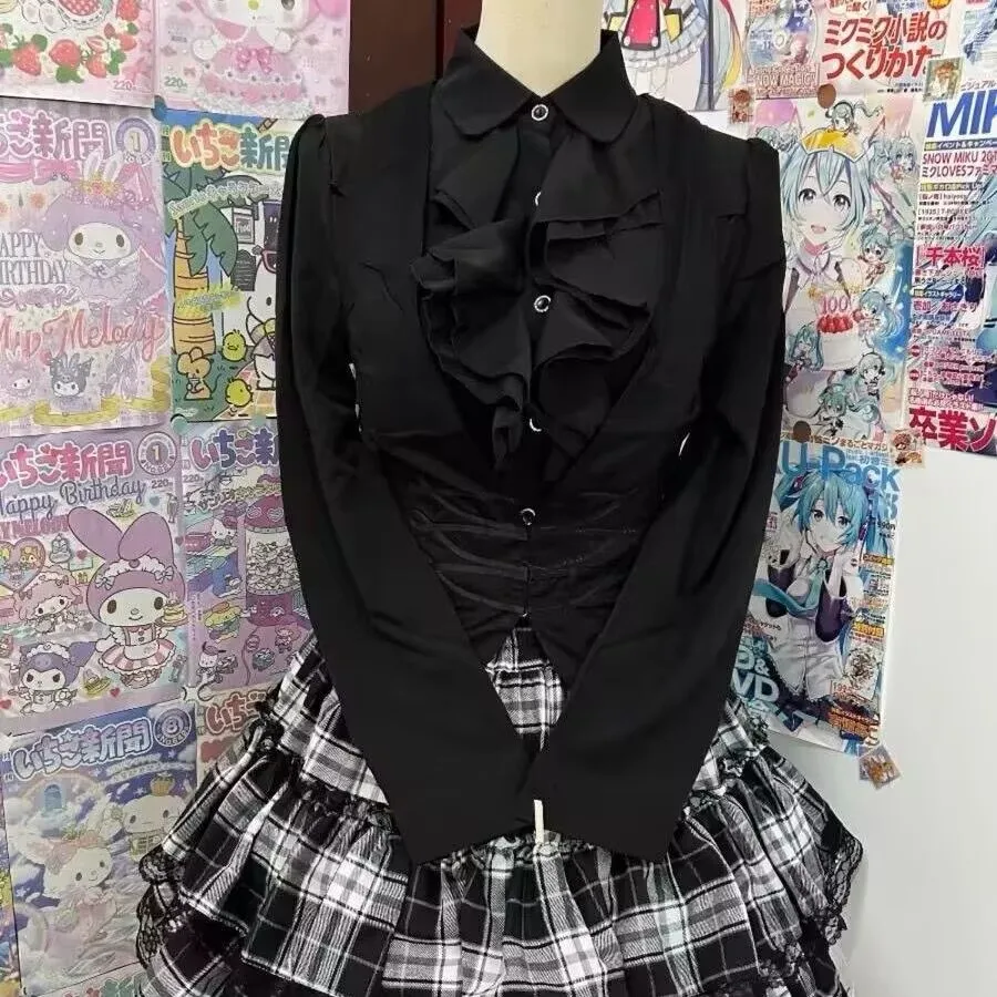 Estilo gótico japonês lolita camisa blusa feminina vintage mangas compridas camisas y2k das mulheres topos estética babados jk magro blusas