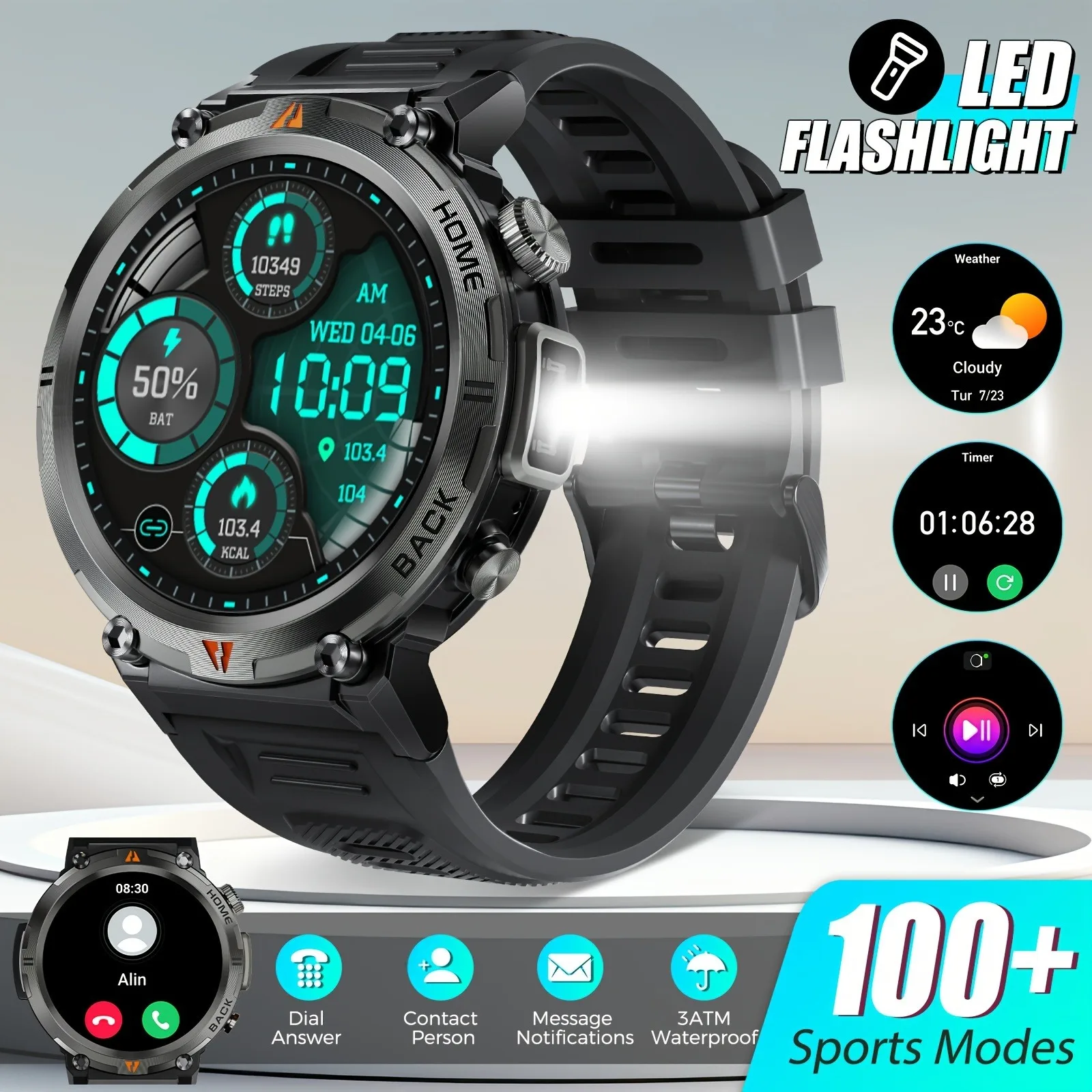 

2024 Smart Watch Round AMOLED Smarthwhatch 3ATM Waterproof Original Design For Men Bluetooth With Flashlight 100+ Sports Modes