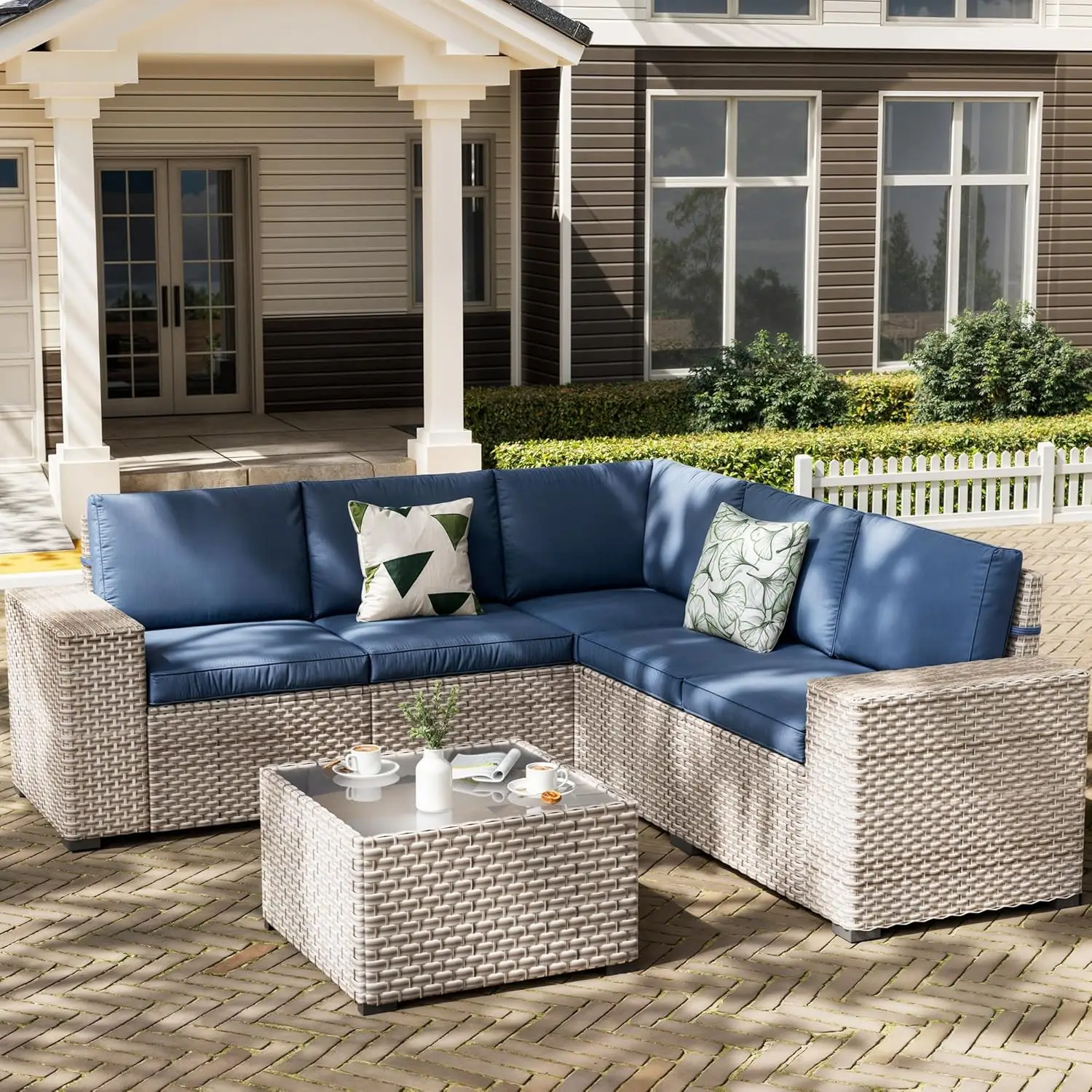 

6-Seat Navy PE Rattan Sectional Sofa & Table Set Thickened Cushion High Back Garden Backyard, Customized