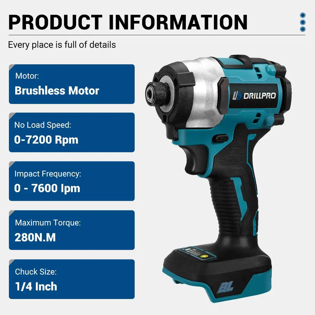 Drillpro1/4 inci obeng listrik tanpa kabel, alat listrik torsi tanpa kabel 280n. m 20 + 1 untuk baterai Makita