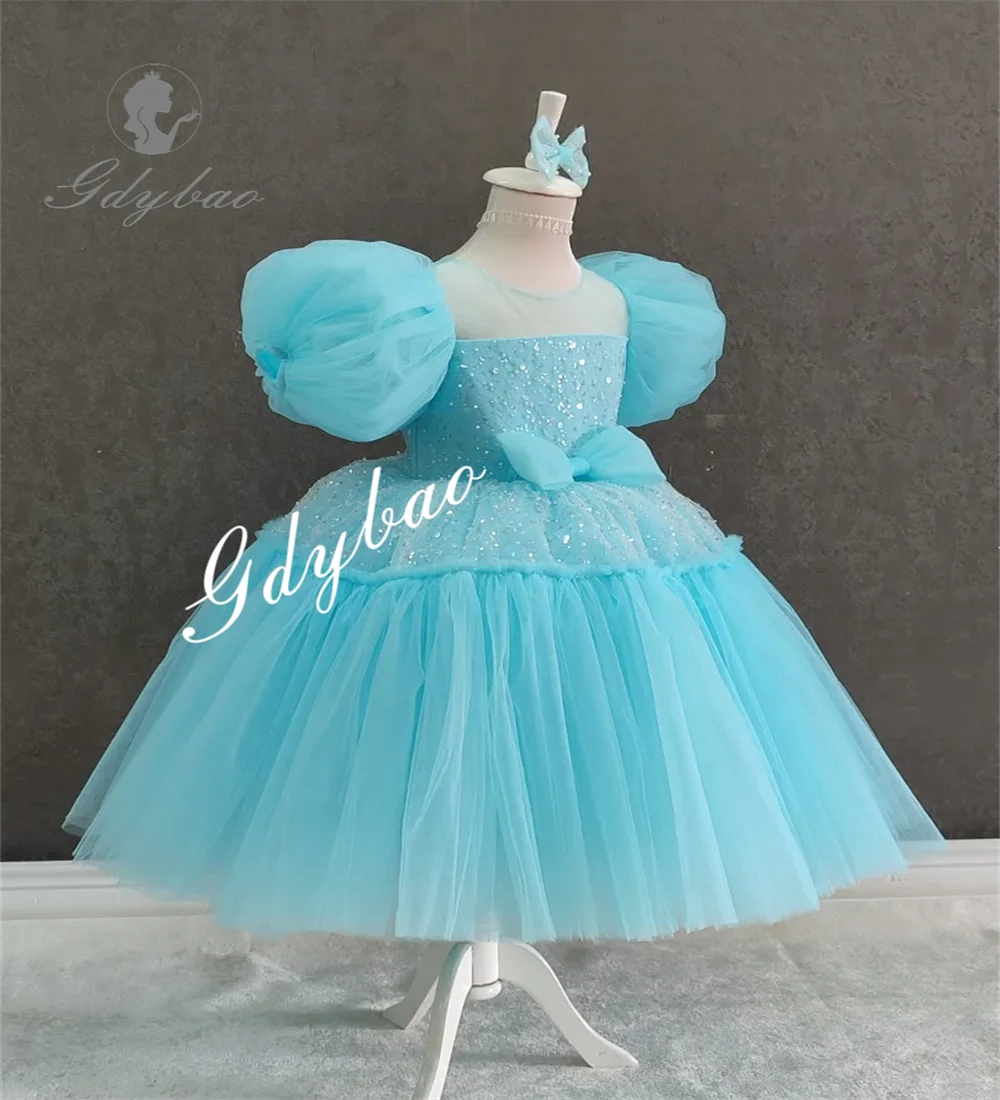 Luz azul tule vestidos da menina de flor princesa fofo balão mangas primeira comunhão aniversário casamento evento formal personalizado