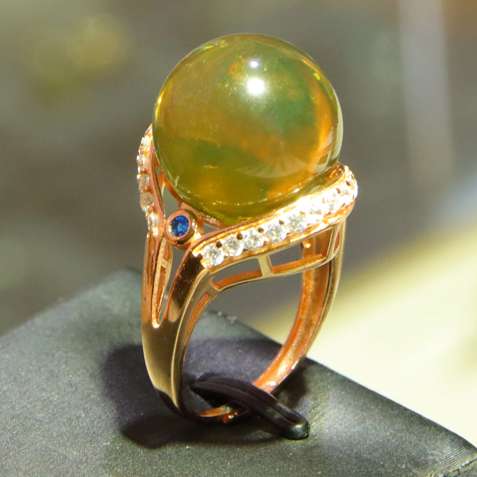 خاتم كهرمان أزرق 15.5 ملم من الفضة الإسترليني مطلي بالذهب الوردي مقاس قابل للتعديل للنساء هدية لمجوهرات حب عيد الحب