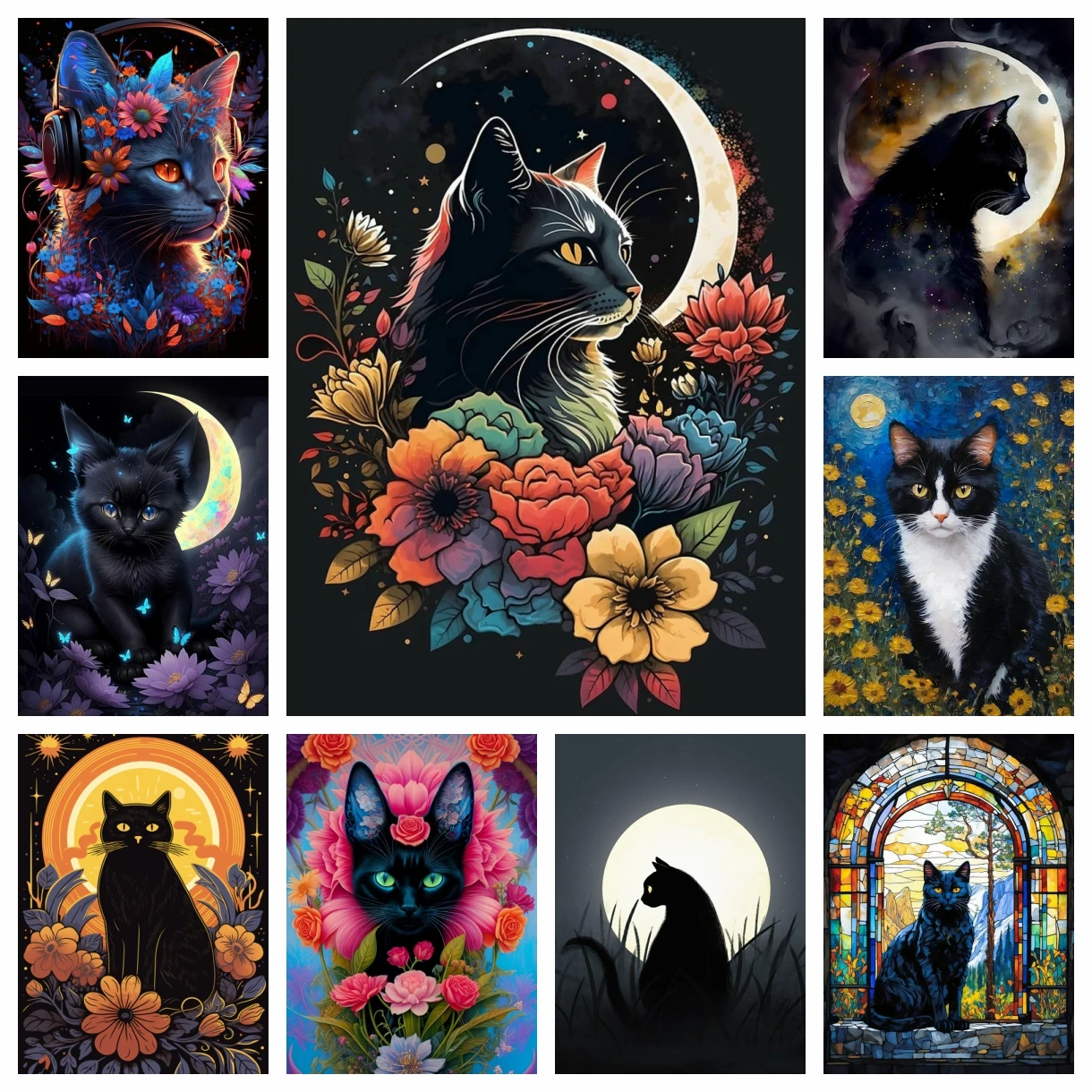 

Flower AB Diamond Painting Kits Embroidery Moon Sunflower Black Cat Picture Cross Stitch Mosaic Home Decor Children's Gift