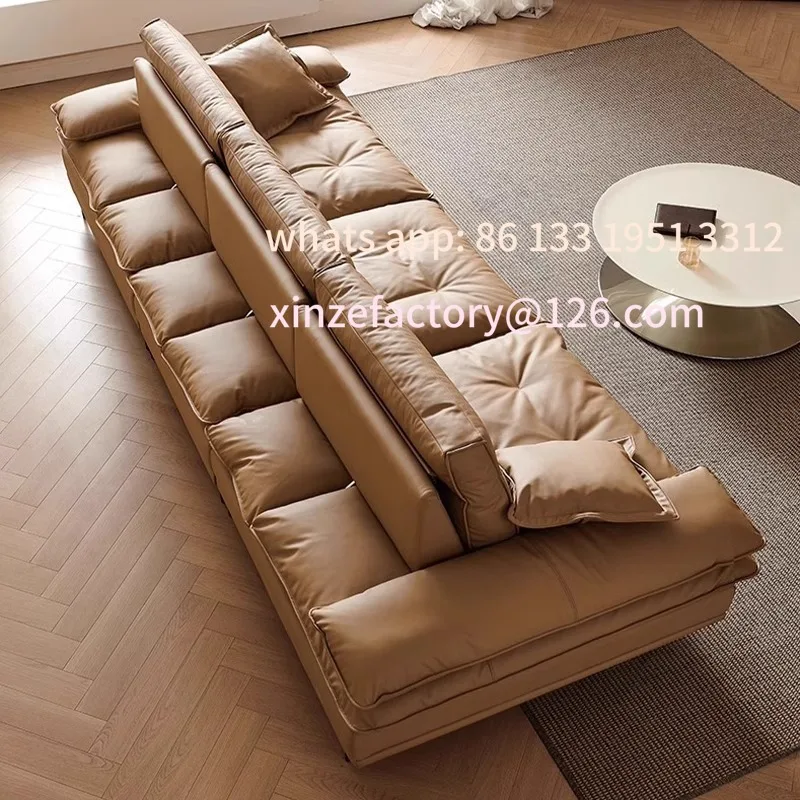 

Customizable living room leather sailing sofa caramel color removable backrest super wide sitting deep straight row three or fou