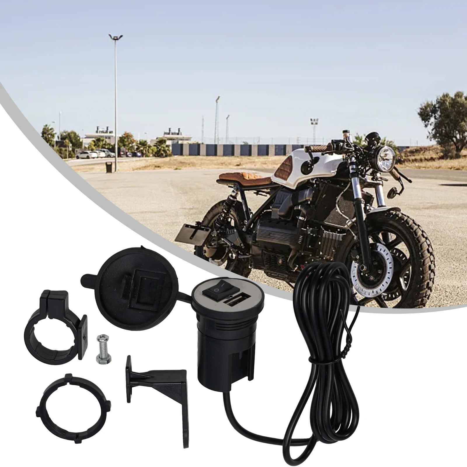 Waterproof High-Speed USB Charger For Motorcycle - 12V, 5V 2.1A, ABS + Rubber, Red/Blue/Black, 47.24” Cable, Complete Kit