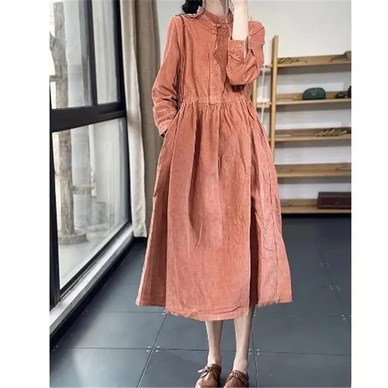 2024 Spring Autumn Fashion Corduroy Dress Long Sleeved Women Dress Vestidos Korean Loose Winter Bottoming Dress Dresses Female