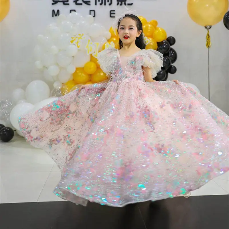 Toddler Girls Summer Party Dress Children\'s Cloths Elegant Princess Dress Baby Girl Wedding Ceremony Prom Lolita Feather Dresses