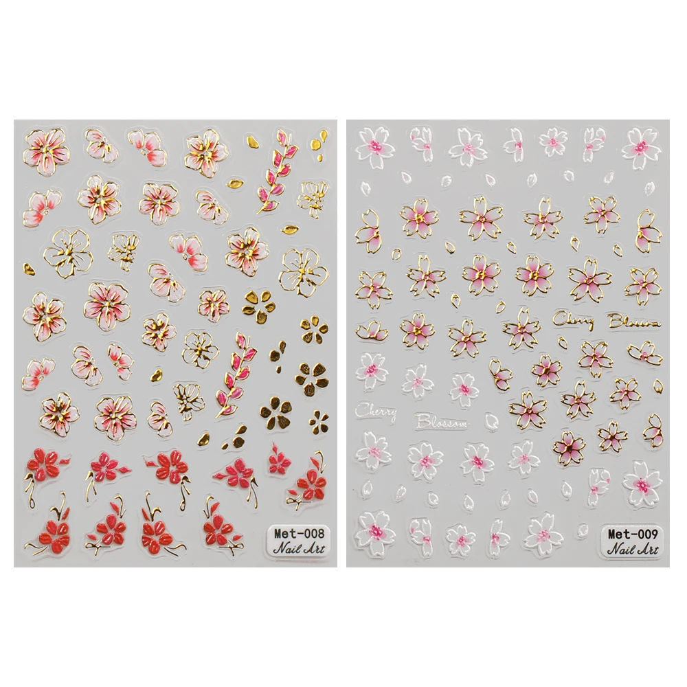 1-2 stuks Gouden Lijn Kersenbloesem 3D Nail Art Stickers Lente Perzik Bloemen Daisy Bloemen Gouden Bladeren Nail Decals Voor DIY manicure - afbeelding 2