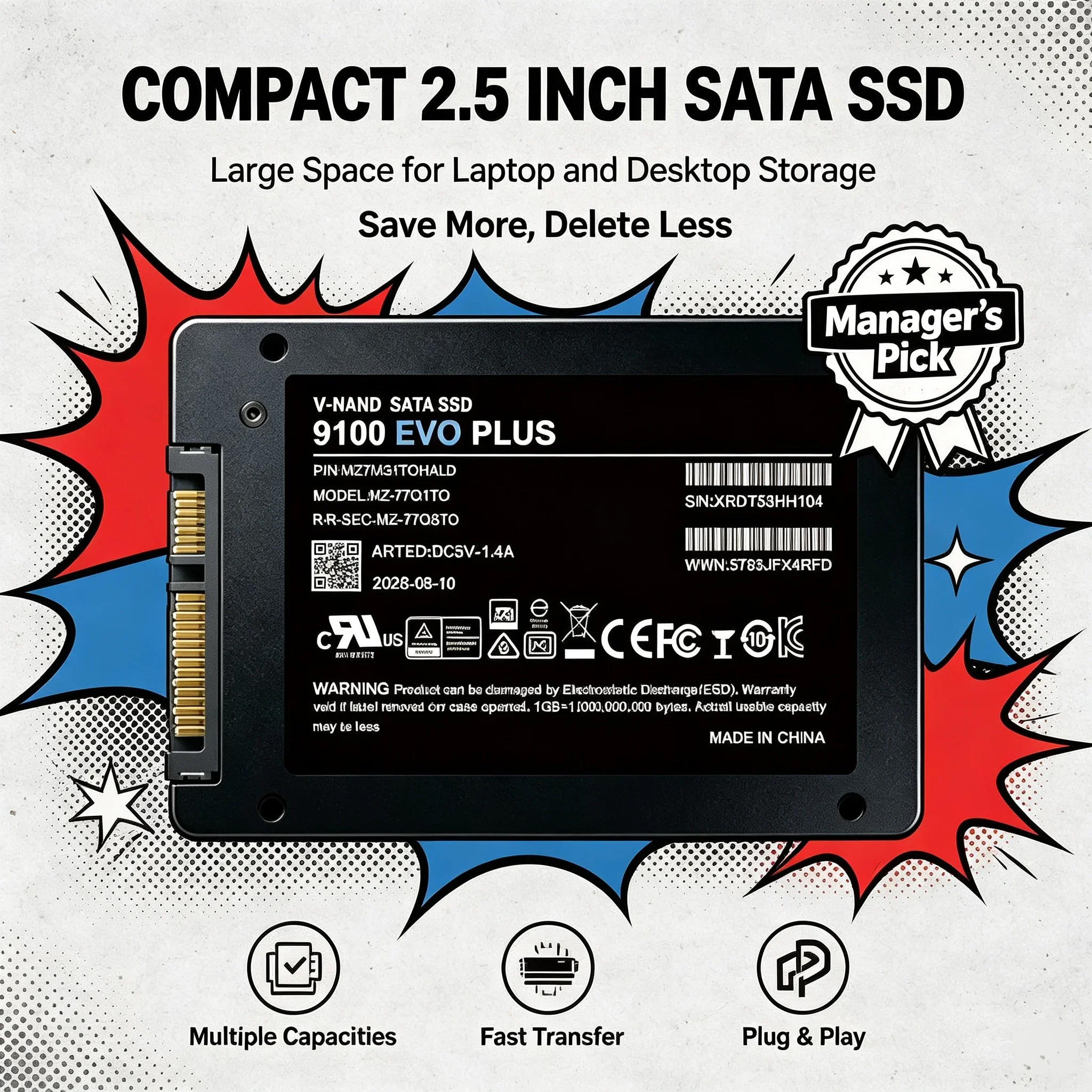 Latest 9100 EVO Plus 2.5-Inch SATA III SSD, Inside Solid State Drive, 4TB/1TB/2TB/500GB, Storage Disk, Laptop, Desktop, PC. 