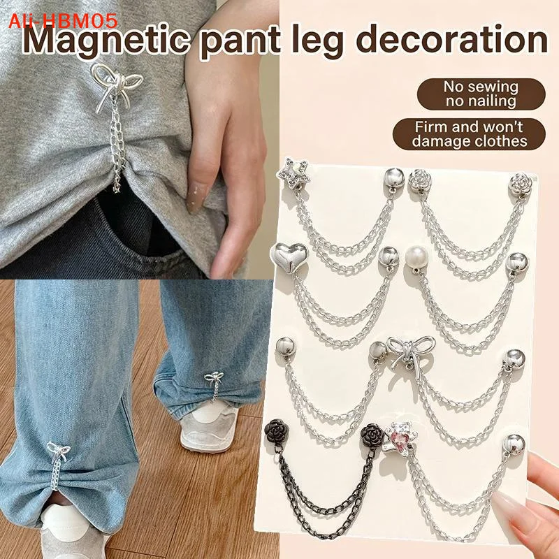 (HB05)2pcs   Clothing Clip With Chain Metal Jean Buttons Clip Clothes Scarf Trouser Legs Cuff Magnetic attraction buckle Pins