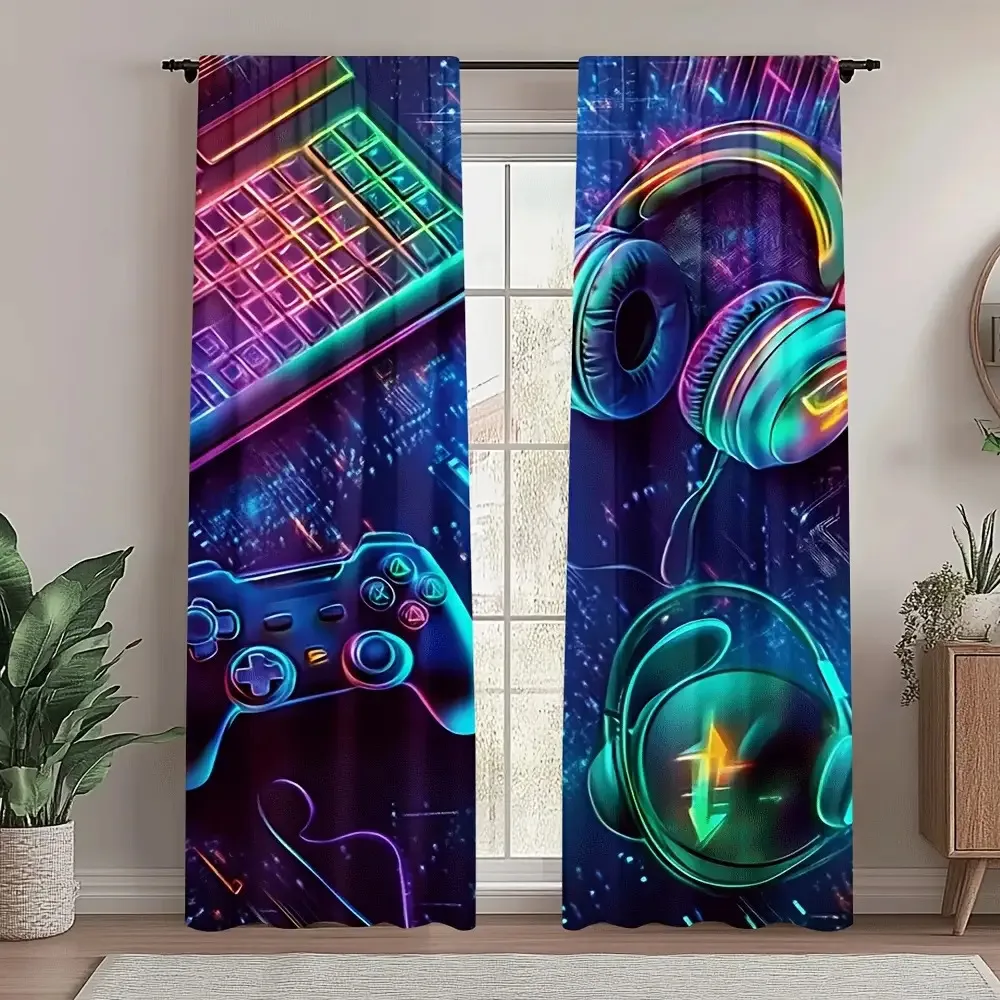 Gamer Curtains with Neon Keyboard and Gaming Headset, Cool Esports Window Drapes for Game Room Bedroom, Gaming Home Decor