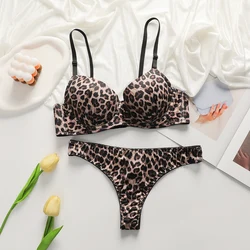 Viomisha Women Sexy Lingerie Push Up Bra for Small Breast Tow Hook-and-eye Bralette Classic Leopard Print Underwear Panty Set