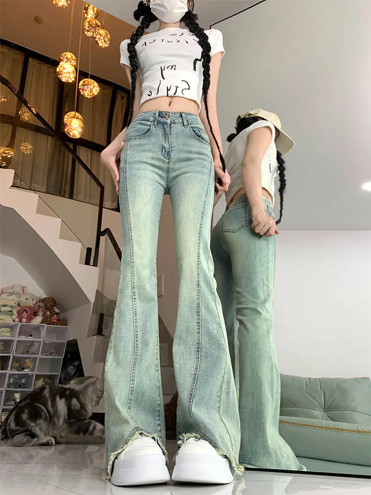 

Flare Jeans Raw Edge Slit Women Skinny Streetwear Sexy High Waisted Vintage Feminino Trousers Slim Floor Mopping Pants