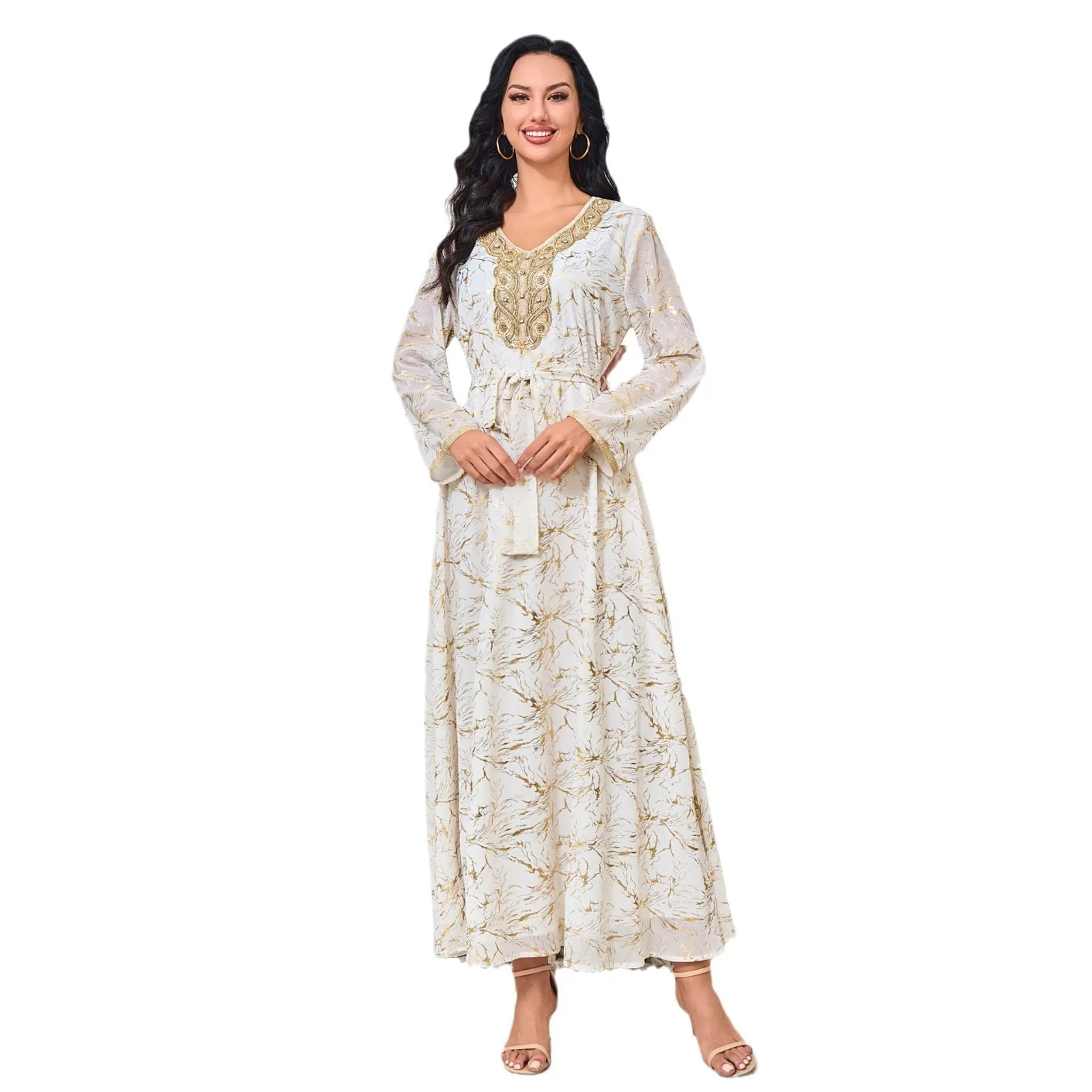 Robe musulmane blanche estampillée à chaud, robe de soirée, mode