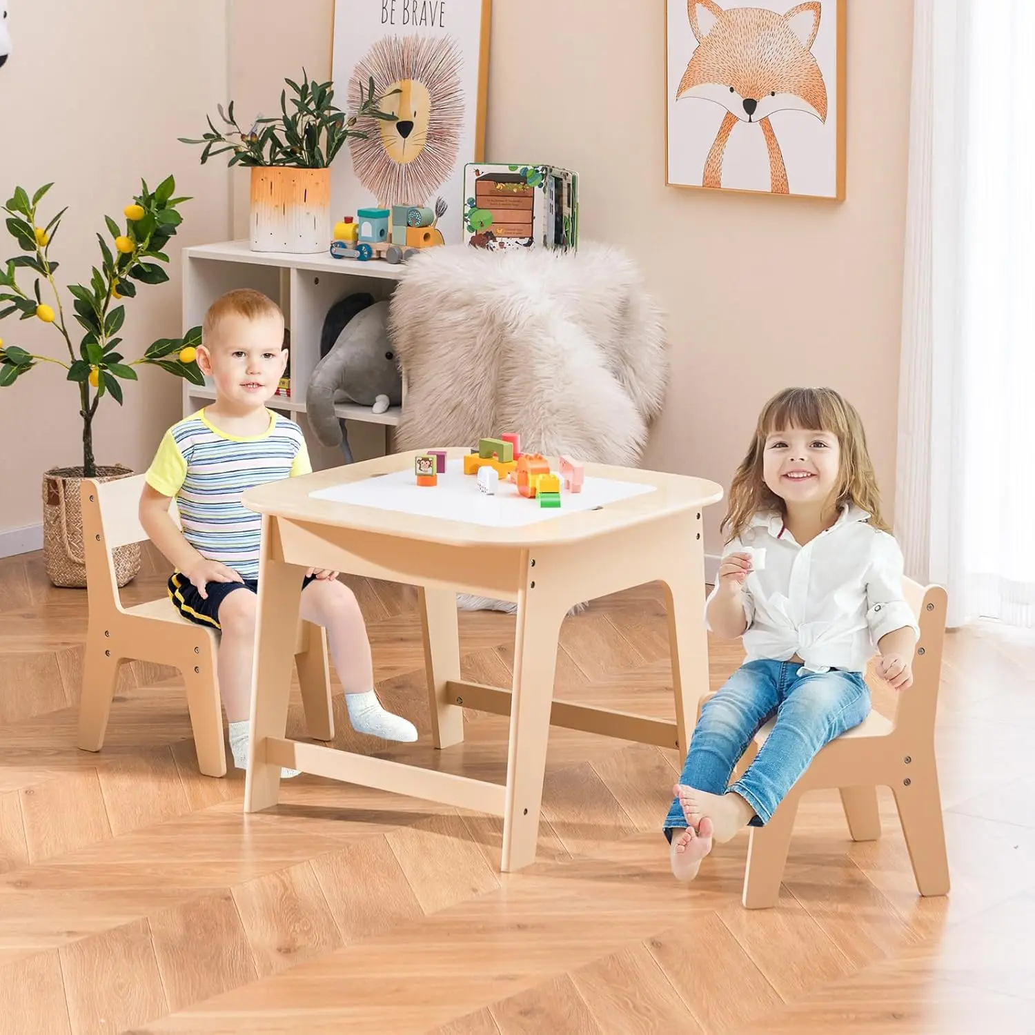 Kids Table and Chair Set, 3 in 1 Wooden Activity Table with Removable Tabletop, Blackboard and Whiteboard for Toddlers