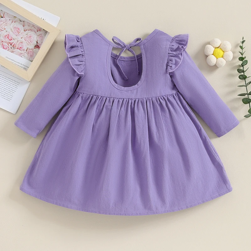 Toddler Baby Girl Casual Fall Dress Ruffle Long Sleeve Round Neck Solid Color Smocked A-line Princess Dresses