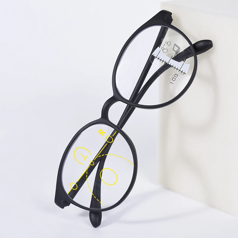 Runde Lesebrille mit schwarzem Rahmen für Damen, multifokale Presbyopie-Brille, Anti-Blaulicht-Brille, Retro-TR90-Progressive-Brille +2