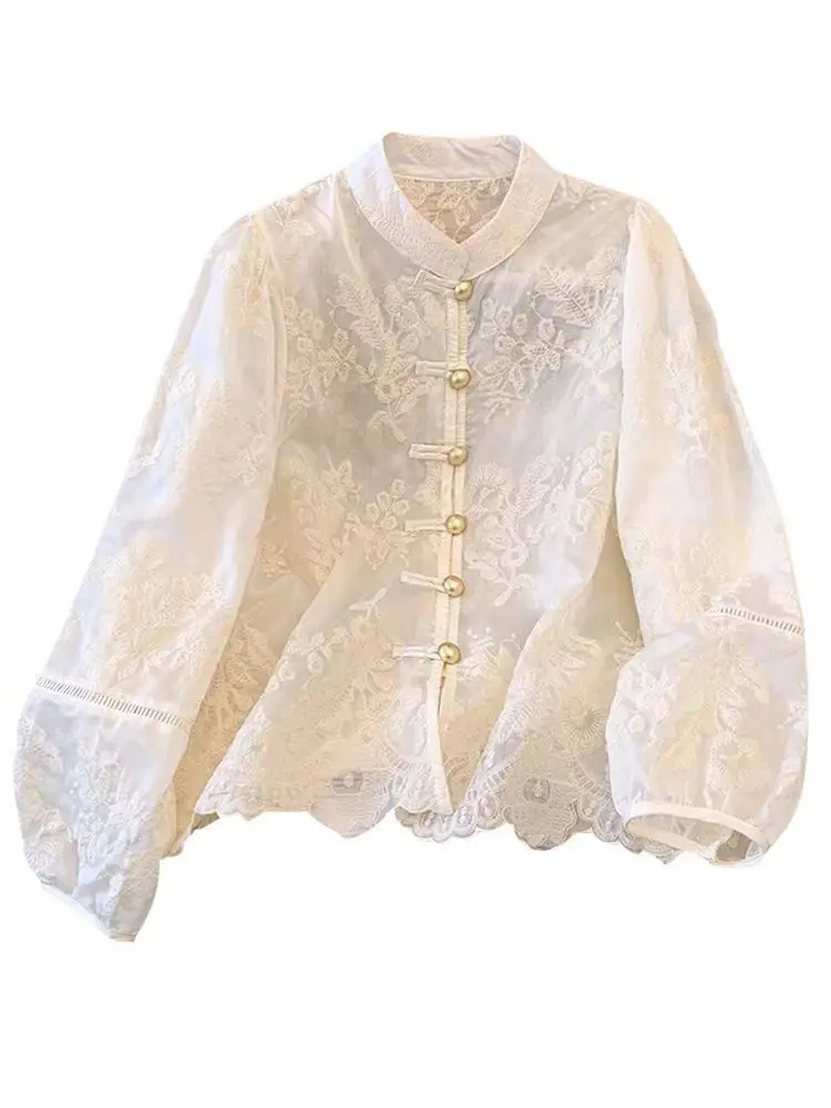 Flower Embroidery Chic Lace Splicing Tangsuit Button Shirts Women Jackets New Chinese Cheongsam Hanfu Vintage Thin Coats Summer