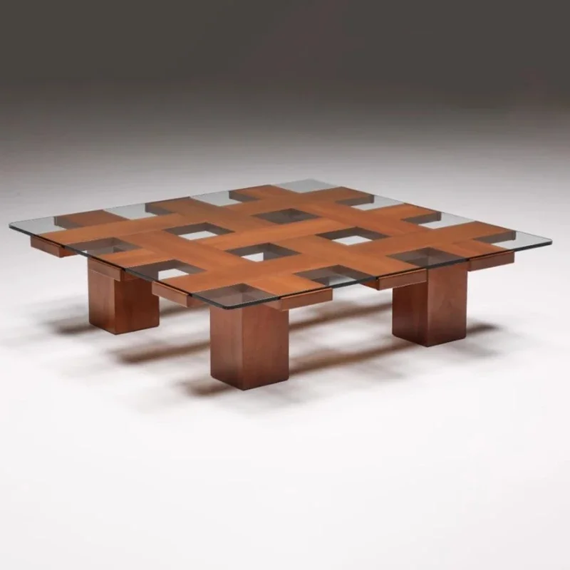 Ultra-white glass solid wood square coffee table retro home
