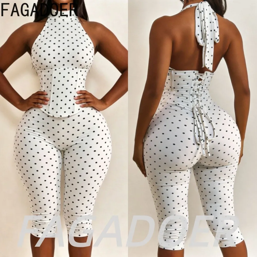 

FAGADOER Cute Polka Dot Bodycon Rompers Hot Girl Streetwear Lace Up Bandage Corset Halter Jumpsuits Summer Night Club Playsuits