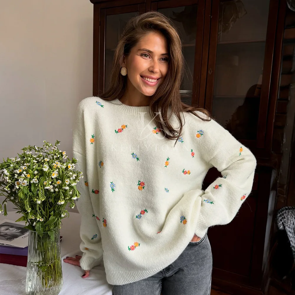 2026 Autumn Winter Floral Embroidered Sweater Women Knit Pullover Crew Neck Long Sleeve Tops Casual Loose Fit Oversized Sweater