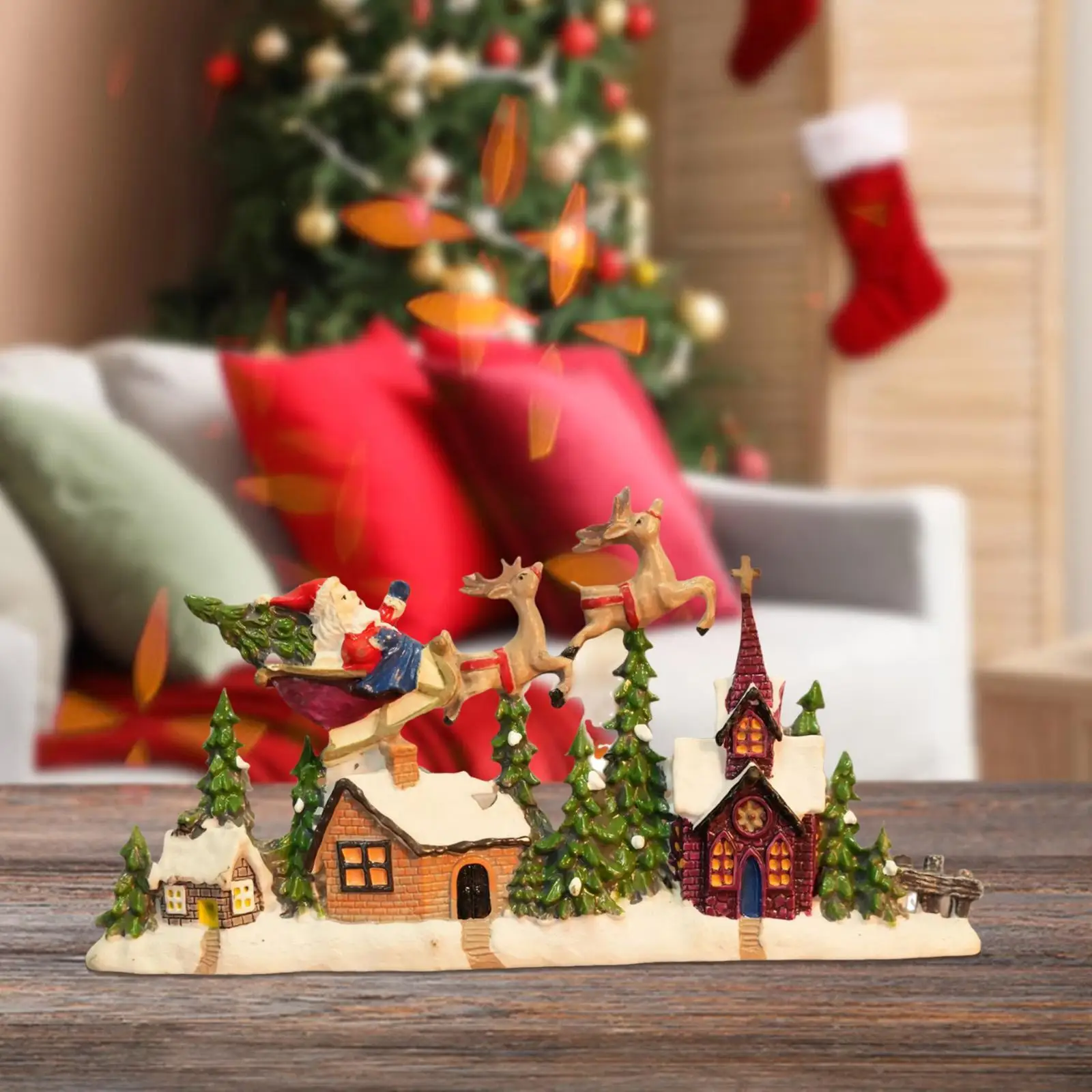 Christmas Village House Figurine Tabletop Ornament Reindeer Santa Claus Statue for Holiday Bedroom Party Bookshelf Fireplace