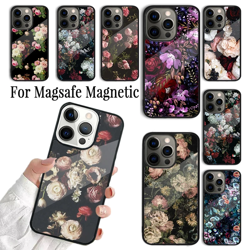 Phone Case For iPhone 16 15 14 13 12 Mini 11 Pro Max Plus Magsafe Magnetic Wireless Charging Cover Midnight Garden Moody florals