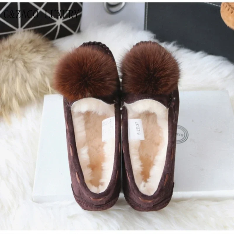 G&Zaco Luxury Autumn Winter Sheep Fur Flats Shoes Natural Fox Fur Genuine Leather Cow Suede Shoes Nubuck Female Flats Shoes