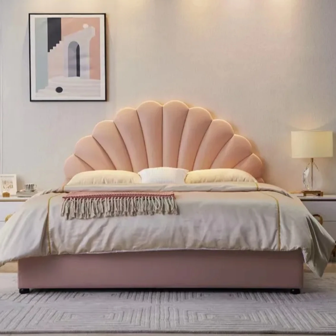 French Floating Princess Bed for Kids Modern Simple Cloud Cloth Kid Bed with Wooden Frame Soft Style for Children's Room