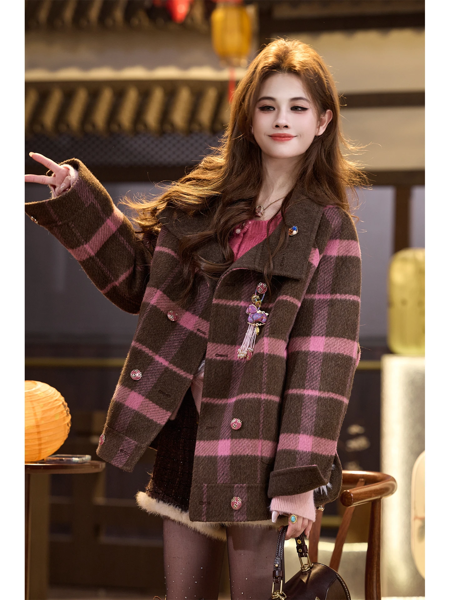 

TUNTUN Autumn Winter Short Double-Sided Wear Retro Plaid Woolen Coat Warm Casual Loose Fit Female Fashion Outerwear Coat