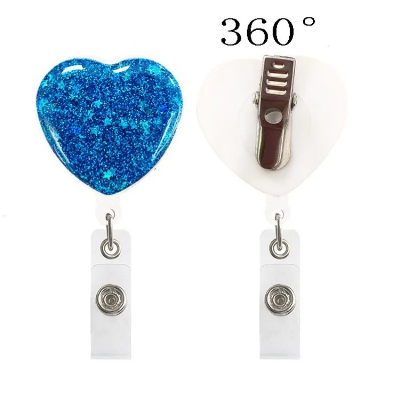 Retractable Rotating Badge Holder Keychain Glitter Love Heart ABS Plastic Alligator Clip