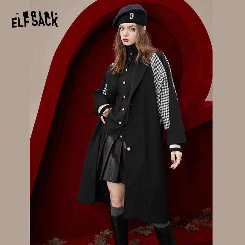 ELFSACK Black Spliced Wool Coats Women 2022 Winter Mid-length Outwears