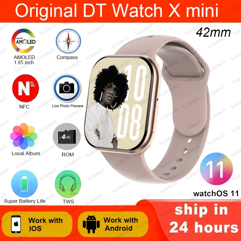 New DT Watch 10 mini 42mm Smart Watch 4G Memory Music Video Play BT Call Compass NFC Men Smartwatch For TWS Earphones Halloween