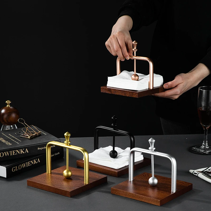 Servilletero de mesa de madera con brazo de Metal ponderado, servilletero de cóctel moderno para el hogar, cocina, oficina, restaurante