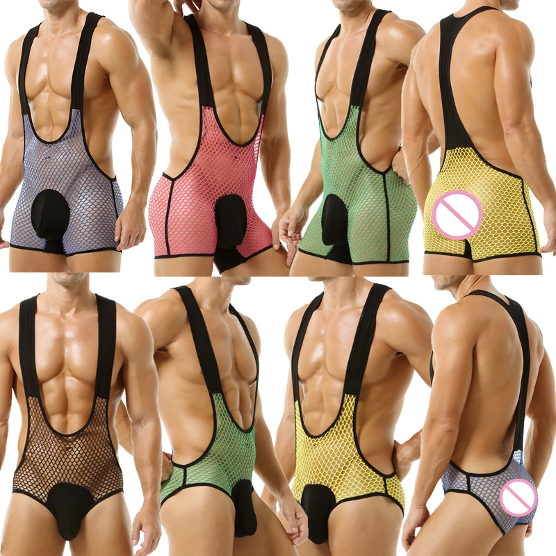 

Exotic Men Mesh Undershirts Leotard Fishnet See Through Sheer Lingerie Bodysuits Bugle Pouch Gay Underwear Jumpsuits Nightwear