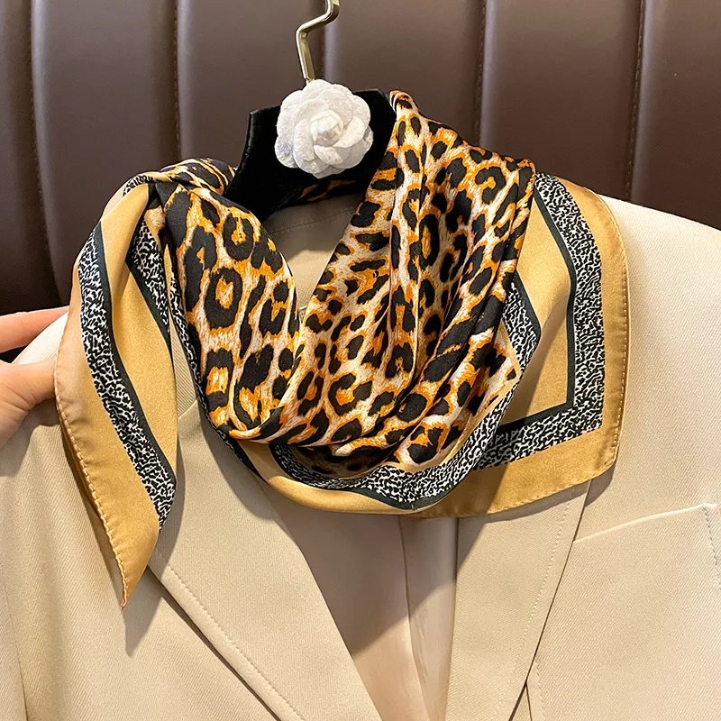 Luxury Brand Silk Square  Scarf Women Leopard Satin Neck Hair Tie Band Soft Lady Neckerchife 2024 Head Female Foulard Bandana