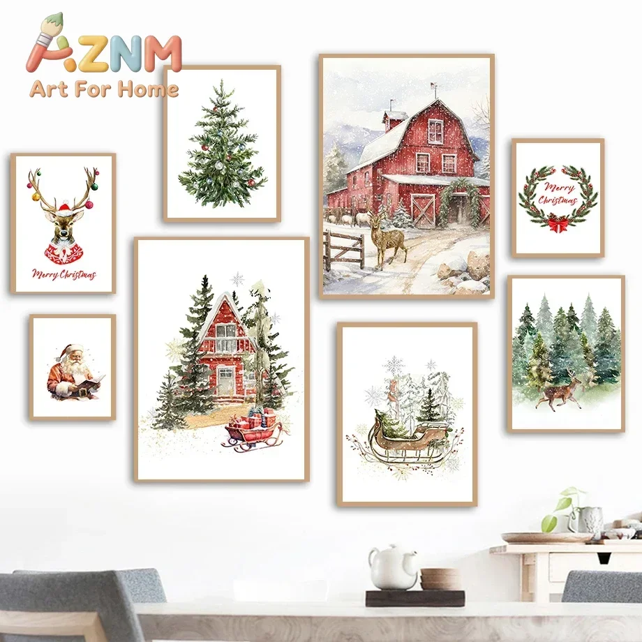 AZNM Watercolor Rustic Christmas Canvas Wall Art, Red Barn Cabin Reindeer Santa Sleigh Pine Tree Print, Farmhouse Winter Holiday
