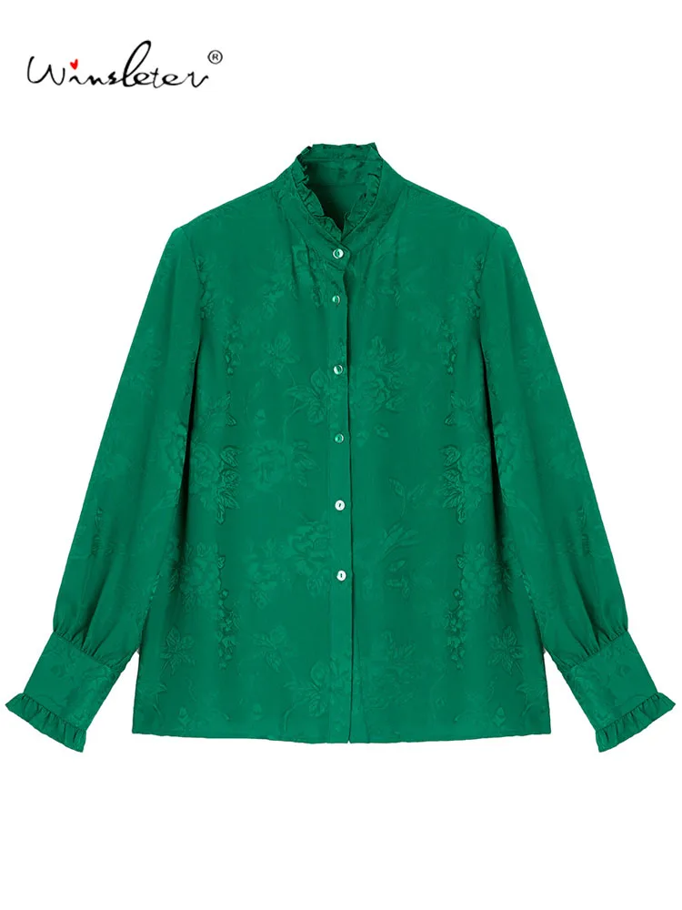 

Winsleter-100% элегантная рубашка из натурального шелка, жаккардовая рубашка с оборками-стойкой, женская модная темпераментная блузка для поездок на работу, осень 2023, T59332CC