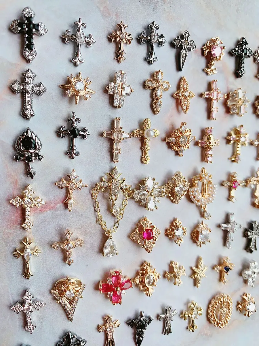 10pcs/lot Luxury Pink Cross Crucifix Flower Nail Art Parts Zircon Crystal Manicure Nails Accesorios Supplies Decorations Charms