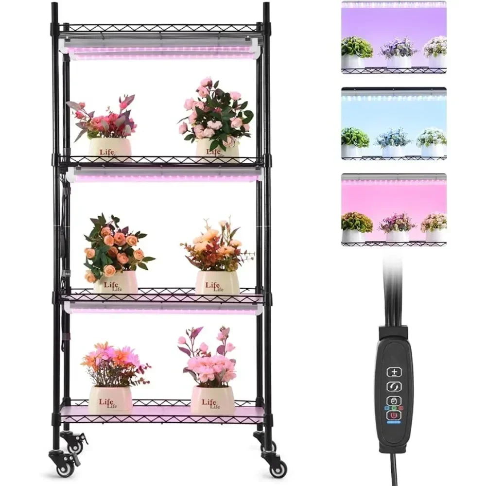 

XMSJ Plant Shelf with Grow Lights for Indoor Plants, 4-Tier Metal Plant Stand with 6PCs Full Spectrum Grow Lights and Wheels