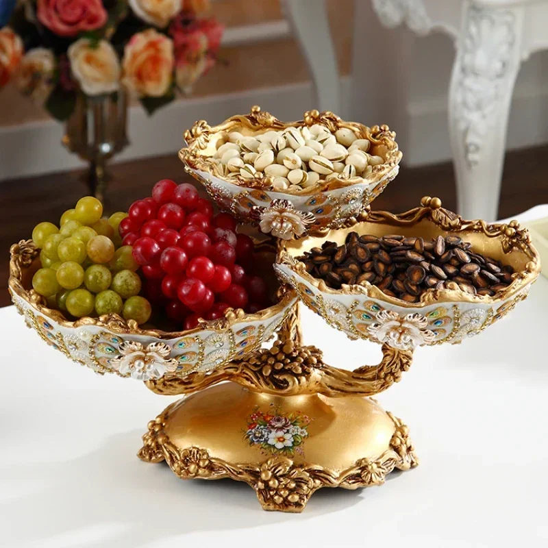 European Three Layer Fruit Plate Creative Living Room Ornaments Capacity Dry Fruit Dish Decor Decorative Elegant Serving Stand